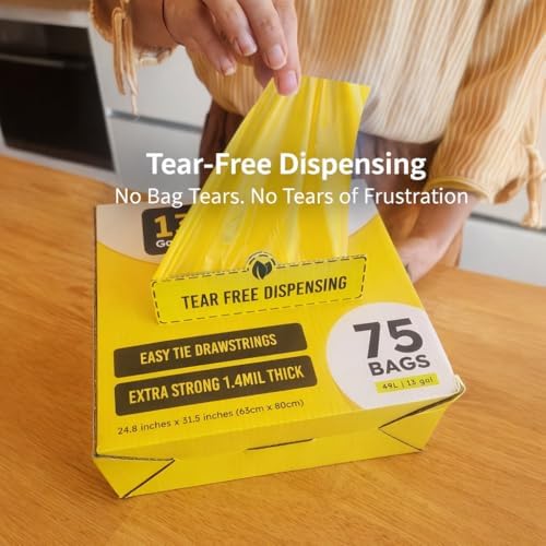 13 Gallon Biodegradable Trash Bags with Drawstring, 75 Count – 1.4 Mil Thick Plant Based Tall Kitchen Garbage Bags with Convenient Tear-free Dispensing, Heavy Duty Leak Resistant Green Garbage Liners - Image 3