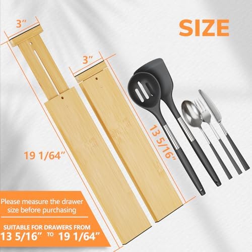 BAMEOS Bamboo Expandable Drawer Dividers – Fits 13.3"–19" Drawers, 3" Deep Walls, Set of 4 | Spring-Loaded Separator for Deep Kitchen & Bathroom Drawers, Prevents Items Falling Over - Image 2