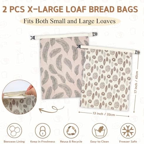 2 Pack Beeswax Bread Bags for Homemade Bread with Zipper, Large 13x17'' Reusable Beeswax Sourdough Bread Storage Bag, Keep Loaves Fresh Longer, Freezer Safe & Airtight, Natural, Zero Waste - Image 3