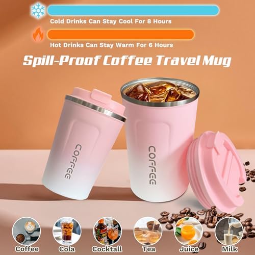 SPLMIFA Travel Coffee Mug Leak-Proof, Reusable Coffee Cups with Lids, Stainless Steel Vacuum Insulated Coffee Tumblers, Thermal Insulation Cup for Men and Women Hot & Cold Drinks(2nd-Pink White, 12OZ) - Image 2