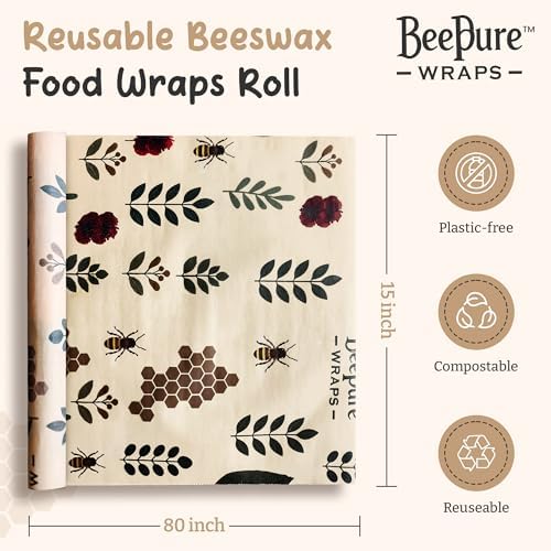Reusable Beeswax Food Wrap Roll - Cut-to-Size 15 x 80 in, Eco-Friendly Food Storage Wrap, Botanical Plant & Bee Honeycomb Design - Image 3