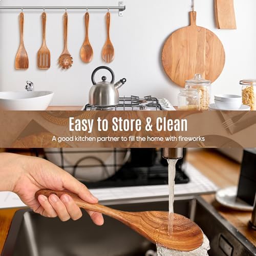 5 Pcs Natural Teak Wooden Spoons for Cooking, Non Toxic Wooden Utensil Set - Image 4