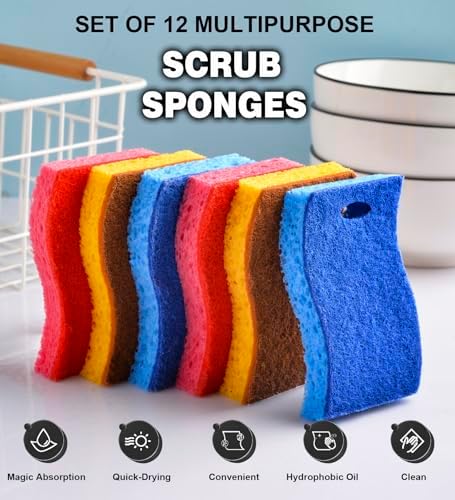 METUUTER 12-Count Scrub Sponges Kitchen Sponge Heavy Duty, Cellulose Sponges with Scouring Pads Dual-Sided for Kitchen and Household Use (S-Multi) - Image 2