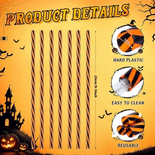 Honeydak 100 Pcs Reusable Plastic Straws Bulk,Black and Orange Stripe - Image 2