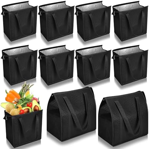 10 Pack 10 Pack Large Insulated Grocery Bag Zippered, Black by Locmeo
