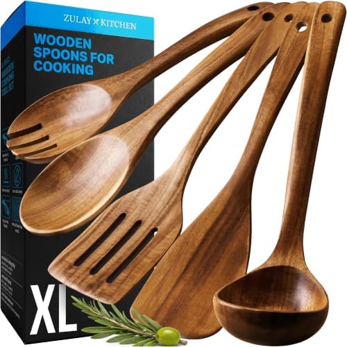 Zulay Kitchen Extra-Large 5-Piece Wooden Spoon Set - Smooth Teak Cooking Utensils - Comfort-Grip Non-Stick Turner, Spatula, Skimmer, Fork, Serving Spoon by ZulayKitchen