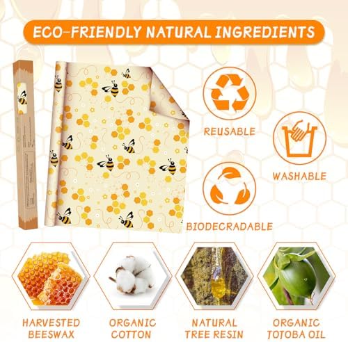Beeswax Wraps for Food Roll(13x39inch), Organic Beeswax Wrap Beeswax Food Wraps Reusable Food Wrap Sustainable Beeswax Paper Beeswax Sandwich Wrap Beeswax Storage Cloth (Bees) - Image 2