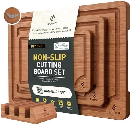 3 Packs Bamboo Cutting Board Set with Non Slip Feet Holder and Over Sink Nice Solid Thick Wood Juice Groove Chopping Board Extra Large Big Small Best Hardwood Kitchen Organic Vegetable Meat BBQ Kit by Socisen