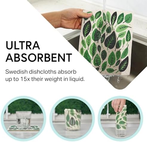 Swedish Wholesale Dishcloths Reusable 8" x 7" Sponge Cloths, Bulk 10 Pack of High Absorbent Cellulose Dish & Kitchen Cleaning Hand Towels, Wring to Dry & Machine Wash, Odor Resistant, Leaves - Image 2