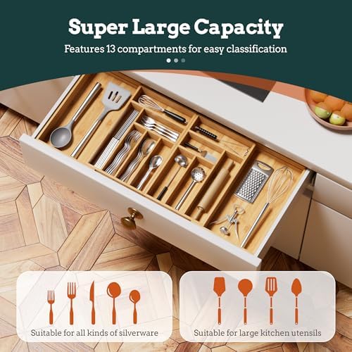 Silverware Organizer Large, Magnetic Connected Expandable 13 Slots Silverware Drawer Organizer From 21 to 37.4 Inches, Adjustable Flatware and Cutlery Holder, Bamboo Utensil Tray for Kitchen Natural - Image 2