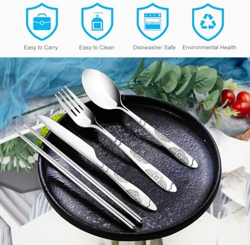 20PCS Premium Travel Utensils With Case, Stainless Steel Reusable Portable Utensils Set With Case, Lengnoyp Travel Silverware Set With Case for Lunch Box Camping, Silver - Image 3