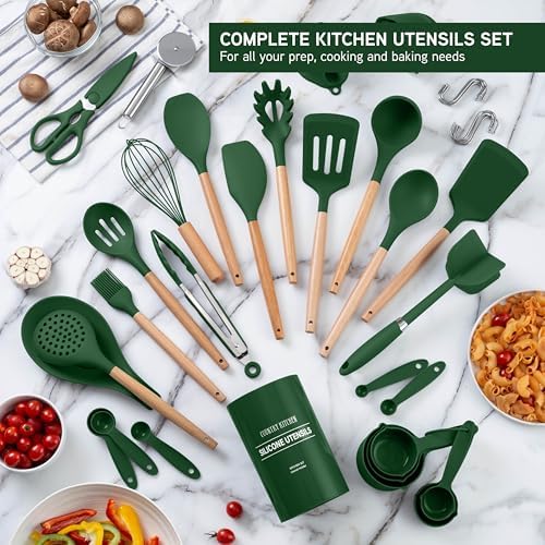 Country Kitchen Non Stick Silicone Utensil Set with Rounded Wood Handles for Cooking and Baking, 38 Piece Set, Green - Image 2