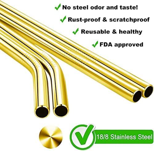Vinaco 6 Pack Gold 0.4" Wide Bore Reusable Stainless Steel Smoothie Straws - Image 3
