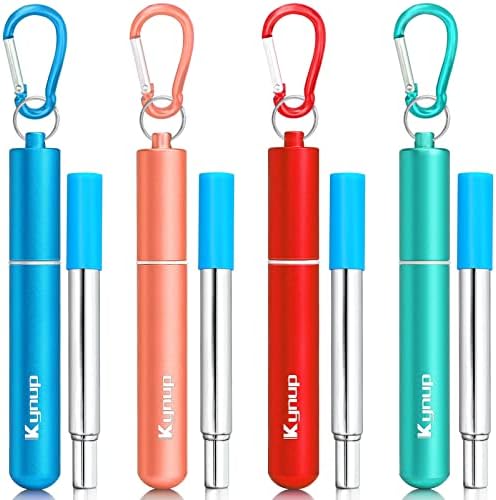 Kynup 4Packs Reusable Straws, Metal Straw with Silicon, Travel Drinking Straws with Case, Keychain, Cleaning Brushes, Silicon Pcs Perfect for Travel, Gifts (20 PCS) Blue-Rose Gold-Red-Turquoise by SunhpMallLLC