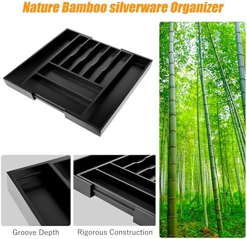 Bellsal Large Premium Bamboo Silverware Organizer - Expandable Utensil Drawer Organizer - 17"x19.6" Utensil Holder and Cutlery Tray with Grooved for Kitchen Flatware and Utensils(7-9 Slot, Black) - Image 4
