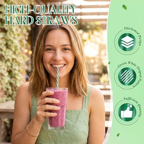 Honeydak 50 Pcs Reusable Plastic Straws Bulk,Green and White Stripe - Image 3