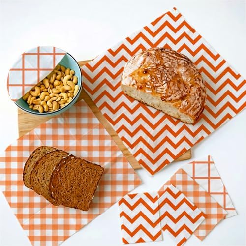 Reusable Beeswax Wraps, Orange Chevron Grid Gingham Wraps, 9 Pack Eco-Friendly Food Storage, Organic, Sustainable, Zero Waste, Plastic-Free, Sandwich, Snack, Bowl Cover, 1XL, 3M, 5S - Image 4