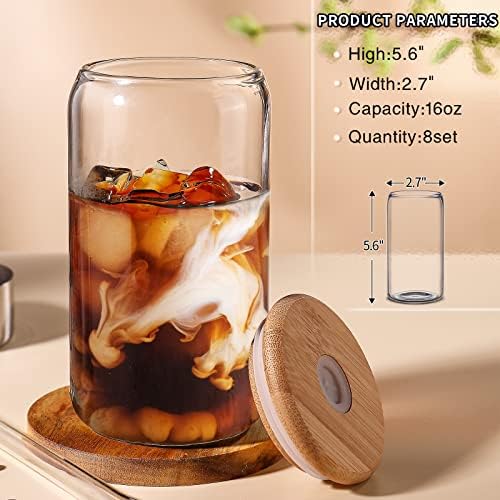DWTS DANWEITESI Glass Cups with Lids and Straws 8 pcs,16 oz Glass Iced Coffee Cups with Lids-Clear Glass Coffee Cups,Cute Glass Cups for Coffee Bar Accessories Gifts - Image 2