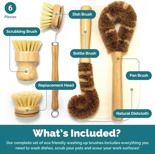 JUNGLE CULTURE Bamboo Dish Brush Set • 6 Piece with Bottle Brush & Scrubber - Image 2