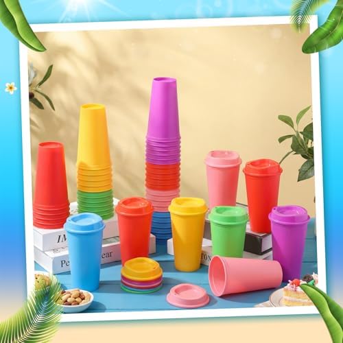 Honeydak 45 Pack 16 oz Reusable Coffee Cups with Lids Water Bottle Iced Coffee Travel Mug Portable Plastic Tea Tumblers Bulk for Hot and Cold Drinks Birthdays Party (Fresh,Classic) - Image 2