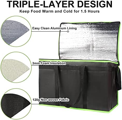 1-Pack Insulated Food Delivery Bag, XXX-Large Commercial Food Warmer for Delivery Drivers, Insulated Reusable Grocery Cooler/Hot Bags, Tote Bag for Shopping/Travel, Black with Green Edge - Image 4