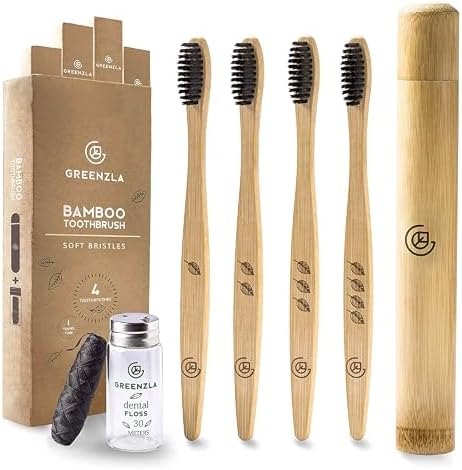 Greenzla Bamboo Toothbrushes, Wooden Toothbrush Set with Soft Bristles, Includes Travel Case and Charcoal Dental Floss, 4 Pack by GREENZLA