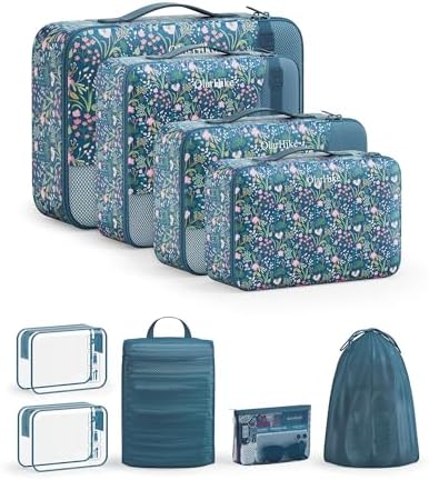 OlarHike Packing Cubes for Travel,Gifts for Women Mom,Anti-Tearing Suitcase Organizer for Luggage with Shoe & Hanging Toiletry Bag,Vacation Essential for Cruise Ship,9 Set,Dark Blue Floral by OlarHike