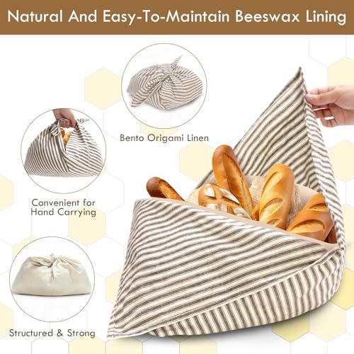 yeload 4 Pack Beeswax Bread Bags, Striped Linen Bento Bags, 14" Cotton Loaf Bag, Reusable Organic Food Storage, Sourdough Bag, Rustic Farmhouse Azuma Bukuro Origami Wrap for Baked Gifts (Black, 4) - Image 3