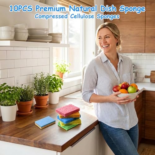 10 Pcs Cellulose Kitchen Sponges, Natural Compressed Sponges Reusable Non Scratch Sponge for Kitchen Dish Washing Bathroom Cars Cut-Outs DIY Scrub Sponge for Cleaning - Image 3