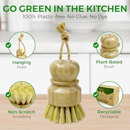 Bamboo Dish Brush Set of 3 and Biodegradable Cellulose Compressed Sponges Pack of 16-100% Plant-Based Cleaning Sponges and Kitchen Dish Brush Bamboo with Sisal and Coconut Bristles, 2 Brush Types - Image 5