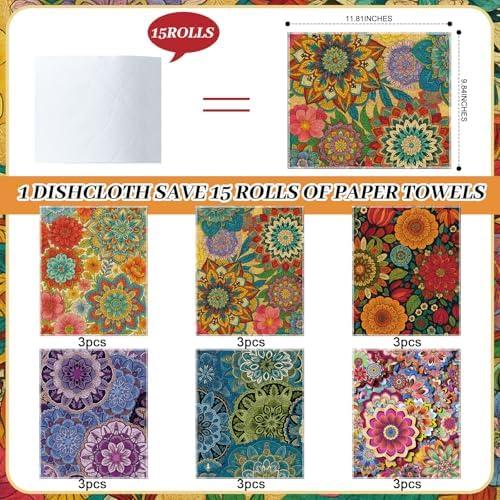 Redbaker 60 Pcs 18 Pcs Reusable Paper Towel for Kitchen,Boho Floral Style - Image 2
