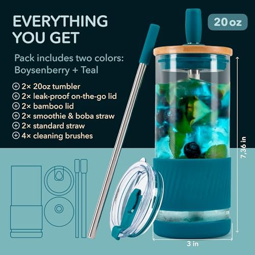 Pandaloo® Glass Cups With Lids and Straws -20 Fl Oz- Perfect Size Iced Coffee Cup - Smoothie Cup With Bamboo Lid and On the go Lid - Glass Tumbler (2 Count (Pack of 1), Boysenberry-Intense Teal) - Image 2