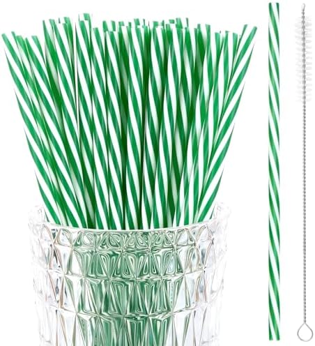 JANYUN 30 Pcs Green and White Straws Plastic, Reusable St Patricks Straws by JANYUN
