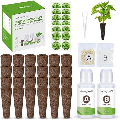 Ahopegarden 52PCS Hydroponics Pods Kit: Compatible with Aerogarden, Includes 24 Grow Sponges, 24 Pods Labels, 4 A&B Plant Food - Hydroponics Supplies for Most Brands by Ahopegarden