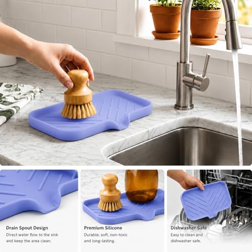 MicoYang Silicone Soap Dish with Drain Spout — Self-Draining Sink Organizer Tray for Bathroom & Kitchen, Sponges, Dispensers & Soap Holder, Non-Slip & Dishwasher Safe, Light Purple (Medium, 9.6"×5.3") - Image 4