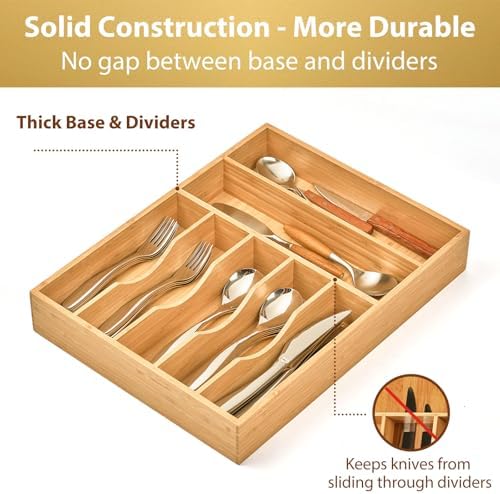 Umilife Bamboo Kitchen Drawer Organizer, 13 Inch Silverware Utensil Tray Holder, Extra Deep Grooved Drawer Divider, 7 Slots Total Bamboo Wood Caddy for Flatware Cutlery Knives, Forks, Spoons - Image 4
