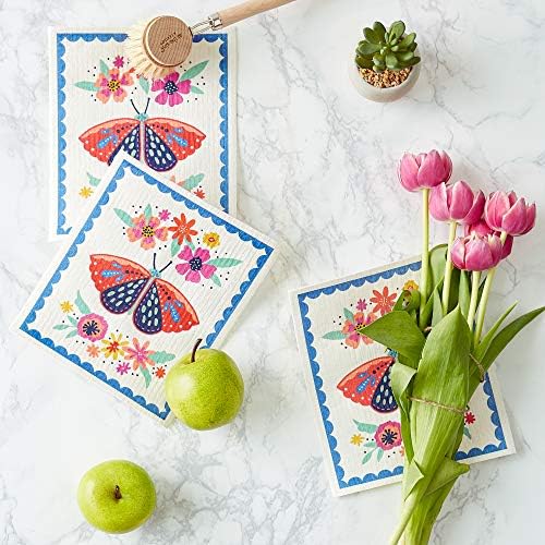 DII Swedish Dishcloths for Kitchen & Cleaning, Reusable, Machine Washable & Dishwasher Safe, Biodegradable, 7.75 x 6.75, Butterfly Folk, 3 Piece - Image 4