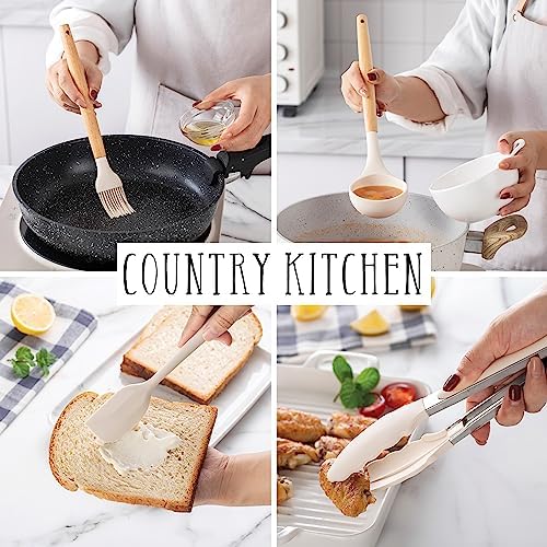 Country Kitchen Non Stick Silicone Utensil Set with Rounded Wood Handles for Cooking and Baking, 14 Piece Set, Khaki - Image 4