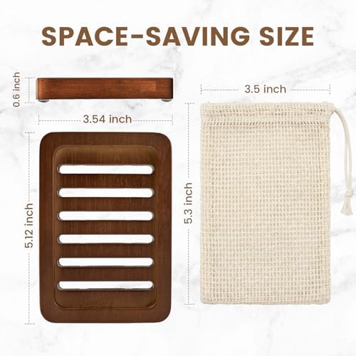 2 Pack Self Draining Bamboo Soap Holder Slotted Walnut Wooden Soap Dish - Image 2