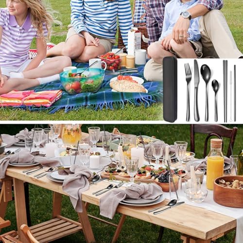 AARAINBOW 6 Pieces Stainless Steel Flatware Set Portable Reusable Cutlery Set Travel Utensils Set Including Chopsticks Knife Fork Spoon Straws Cleaning Brush Dishwasher Safe (7 Black) - Image 4
