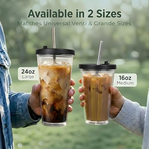 Reusable Iced Coffee Cup with Lid and Straw, 24 oz/Venti, BPA-Free Double-Wall Insulated Plastic Tumbler for Cold Drinks, Includes Clear Plastic Straw, Stainless Steel Straw and Cleaning Brush, Black - Image 5