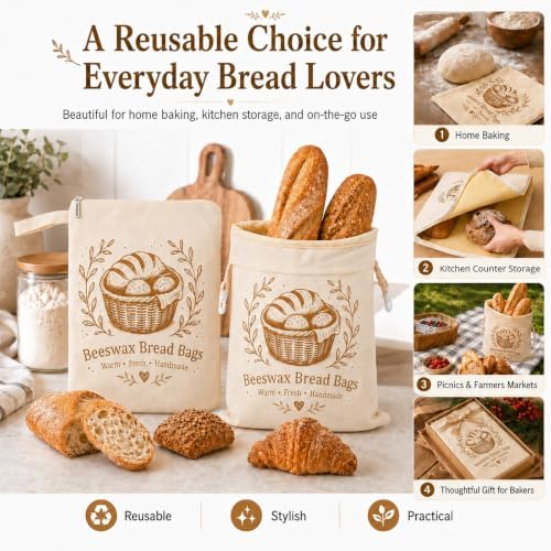2 Pack Beeswax Bread Bags for Homemade Bread, XL Reusable Cotton Sourdough Bread Bags with Buckle Zipper & L-Shaped Zipper, Natural Beeswax Lined Bread Storage Bags for Loaves, Baguette, Freezer Safe - Image 7