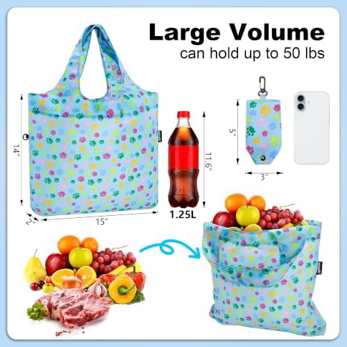 HOLYLUCK Reusable Grocery Bags,Heavy Duty Foldable Shopping Tote Bag (Standard, 3 Blue Dog Paw Prints) - Image 3