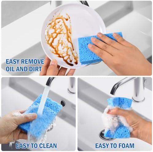 YoleShy 20 Pack Sponges Kitchen Natural Compressed Cellulose Sponges for Dishes Non Scratch for Household Cookware Bathroom Cars Soft Super Absorbent Reusable, Blue and Yellow - Image 3