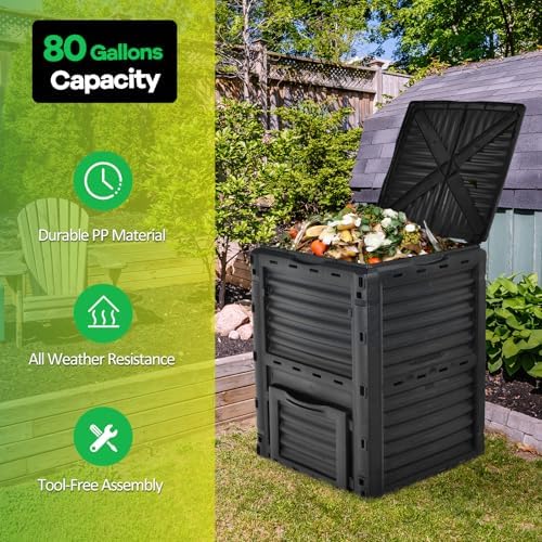 Goplus Compost Bin, 80 Gallon (300 L) Large Outdoor Composting Box w/Top Flip Latch-on Lid, Bottom Exit Door, BPA Free Material, Grass Food Trash Composter Barrel for Garden Yard (Black) - Image 3