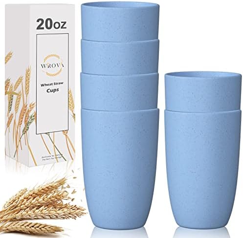 Wrova Wheat Straw Cups 6 PCS Good Alternative to Plastic Reusable Cups 20 oz Unbreakable Drinking Cup Reusable Dishwasher Safe Water Plastic Glasses Sky Blue by WROVA