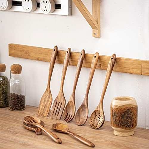 Gudamaye 13 inch Long Wooden Spoons for Cooking,Wooden Utensils for Cooking with Utensils Holder,9 PCES Wooden Kitchen Utensils Set with Utensils Holder and Spoon Rest,Natural Teak Wooden Spoons Set - Image 4