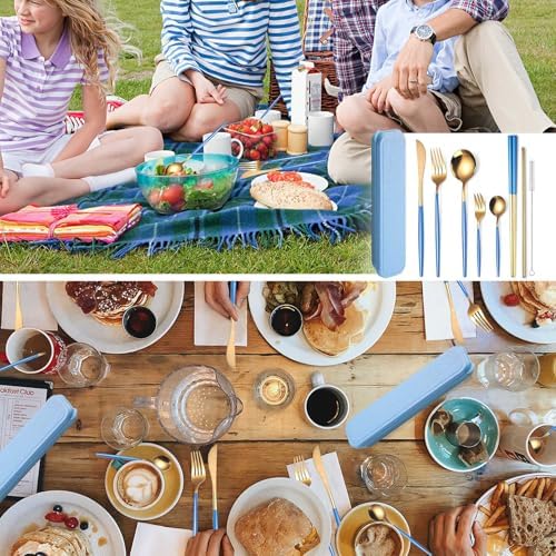 AARAINBOW 8 Pieces Stainless Steel Flatware Set Portable Reusable Cutlery Set Travel Utensils Set Including Chopsticks Knife Fork Spoon Straws Cleaning Brush Dishwasher Safe (Blue Golden) - Image 4