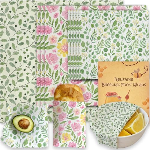 Beeswax Food Wraps, Pink Flowers and Green Leaves Wraps, 9 Pack Plastic-Free Food Storage, Sandwich, Bread, Fruit Covers, Organic, Sustainable, Zero Waste, Biodegradable, 1XL, 3M, 5S by Unknown