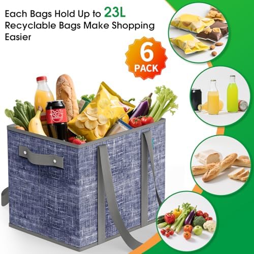 Fab totes Reusable Grocery Bags, Large Foldable Shopping Tote Bags with Reinforced Handles & Hard Bottom,6 Pack,Blue - Image 4